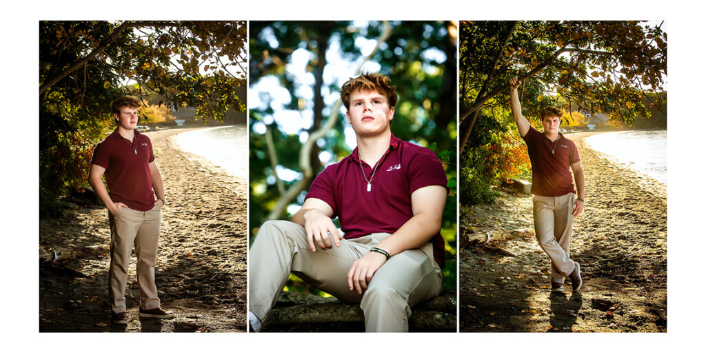 3 image collage of a high school senior boy by a lake for senior portrait photographer