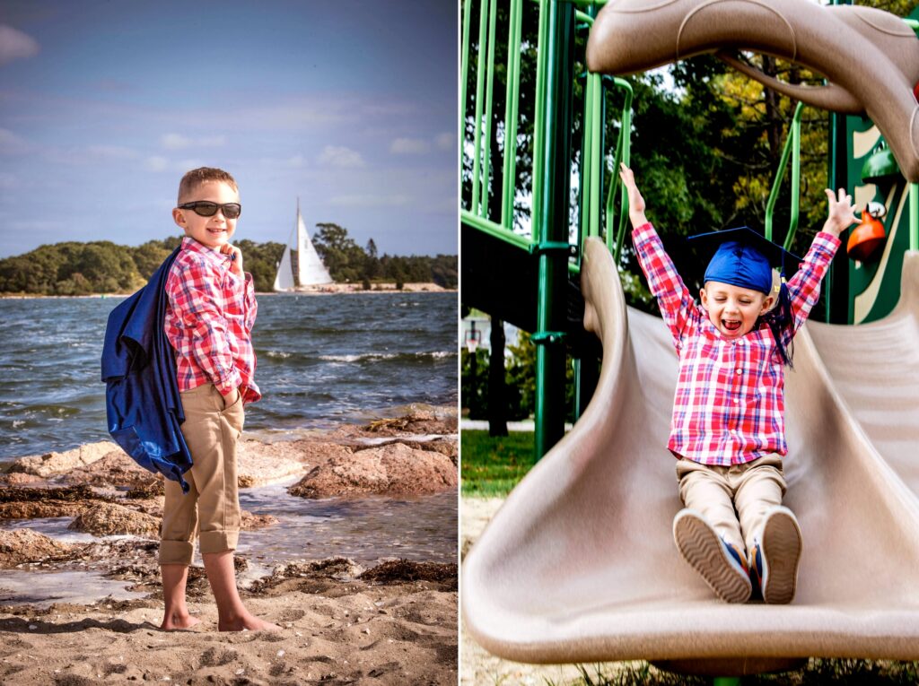 Kindergarten boy on the beach & laughing on a slide for his graduation cap & gown session