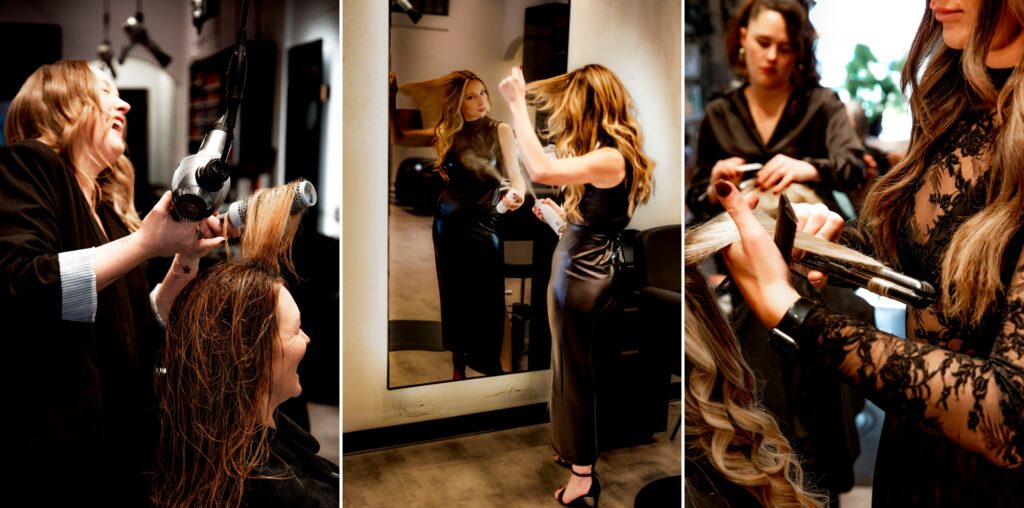 3 image collage of stylists blowing hair, straightening hair & stying hair