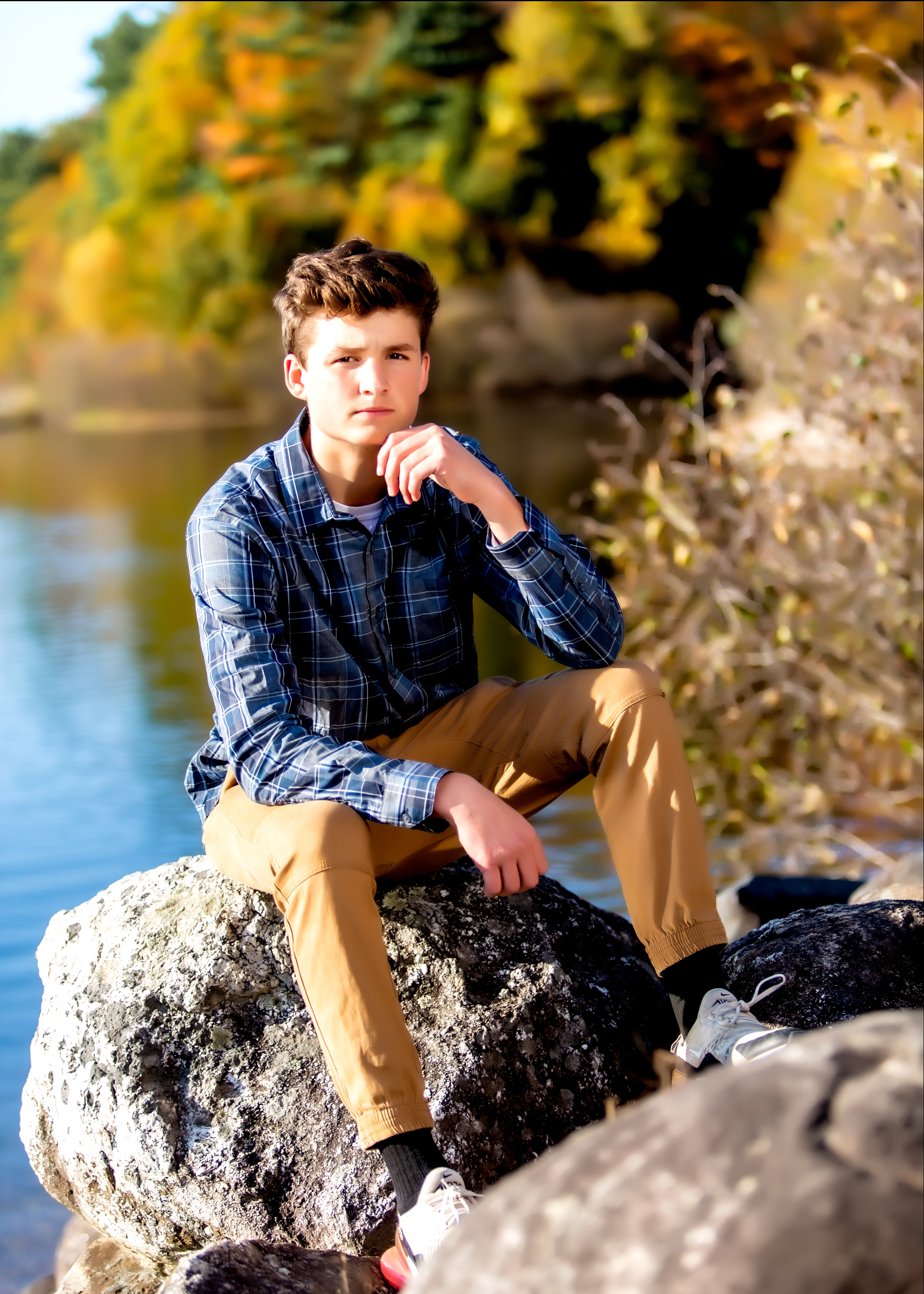 Relaxed casual senior boy portrait outdoors, South Shore MA lifestyle session